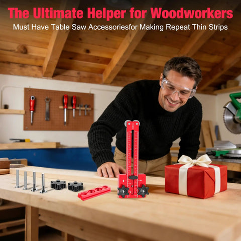 Premium Thin Rip Jig Guide For Table Saw Band Saw And Router Table on workbench, used for precise wood strip cutting.