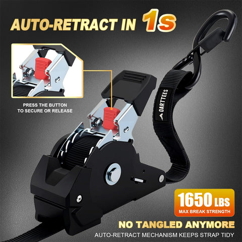 Close-up of Heavy Duty Self Retracting Ratchet Straps 1 Inch By 10 Feet 1650 Pound Break Strength with button detail.