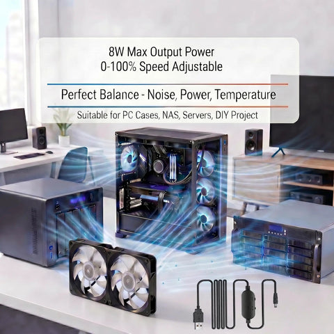 Setup featuring 12V PC Fan Speed Controller With USB Power And 5V To 12V Stepless Voltage Control For Silent Yet Powerful Cooling