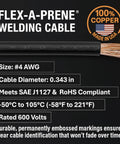 Close-up of Flex-A-Prene copper welding cable specifications showing size #4 AWG and compliance details on black background.