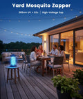 Outdoor Bug Zapper With Dual Lure 365Nm UV Light And 36C Body Heat CO2 Mimic on table next to people on patio