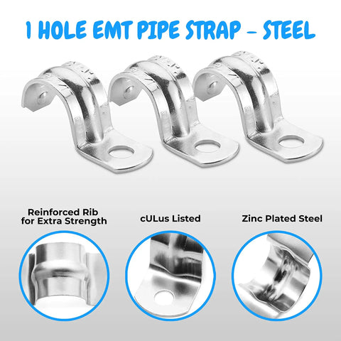 Beefy Heavy Duty Pipe Strap Half Inch Zinc Plated Steel EMT Conduit Clamps 100 Pack Reinforced Rib Design Snap On