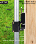 Heavy Duty Two Way Gate Latch for 1 to 2 inch tubes, shown installed on a gate post with spacing indicator.