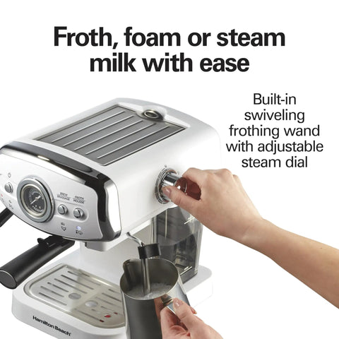 Kickstart Your Morning Grind With This Retro White Espresso Machine Highlighting A Patent Slide And Lock Portafilter 15 Bar Pressure And A Hit Different Milk Frother For Silky Lattes And Bold Cappuccinos Pure Barista Vibes Guaranteed. Hand using frothing wand with steam dial on white espresso machine.