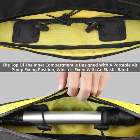 Ride Ready Bike Triangle Frame Bag 1.7L Waterproof Tool And Gear Organizer With YKK Zippers showing inside pump holder