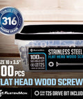 Heavy Duty Marine Grade 316 Stainless Steel Wood Screws Size 10 x 3-1/2 Inch With Torx Flat Head T25 Type 17 Point, 100 Pack Bulk Box