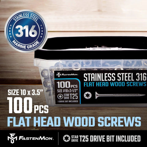 Heavy Duty Marine Grade 316 Stainless Steel Wood Screws Size 10 x 3-1/2 Inch With Torx Flat Head T25 Type 17 Point, 100 Pack Bulk Box