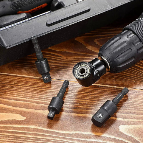 Right Angle Drill Adapter 105 Degree, 360 Degree Rotatable Hex Shank, 4 In 1 Impact Drill Bit Extension on wooden surface