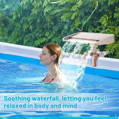 Adjustable Waterfall Pool Fountain For Above Ground Pools Easy To Install And Fits Various Frame Sizes A Chill Water Feature For Cooling And Relaxation installed on an above-ground pool showing water cascading into the pool.
