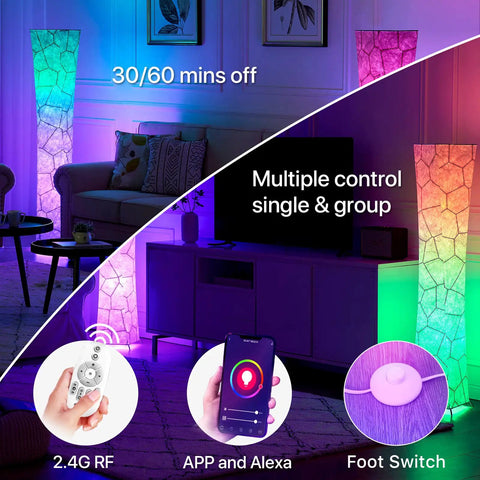 61 Inch RGB Color Changing Floor Lamp With Marble Fabric Shade Remote Control Adjustable Brightness And Color Temperature Standing Lamp For Living Room Bedroom Or Kids Room Dope Modern Tower Design with app and remote control features