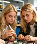 Two people using lead free solder flux paste for PCB repair and electronics high performance soldering flux compound.