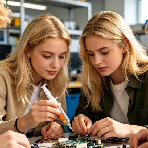 Two people using lead free solder flux paste for PCB repair and electronics high performance soldering flux compound.