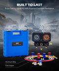 Three Way AC Pro Grade Manifold Gauge Set With Hoses And Quick Couplers For R1234yf R134a R404a Refrigerant kit in blue case