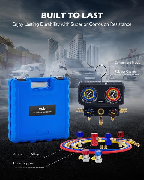 Three Way AC Pro Grade Manifold Gauge Set With Hoses And Quick Couplers For R1234yf R134a R404a Refrigerant kit in blue case