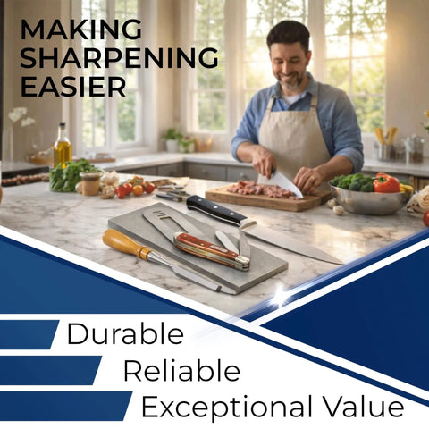 Man using Dope Value Diamond Sharpening Stone Set 8 by 3 inches in kitchen with holder, 300 600 1200 grit stones visible.