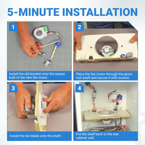 Installation steps for Evaporator Fan Motor Replacement For GE Hotpoint Refrigerators showing components and assembly process.