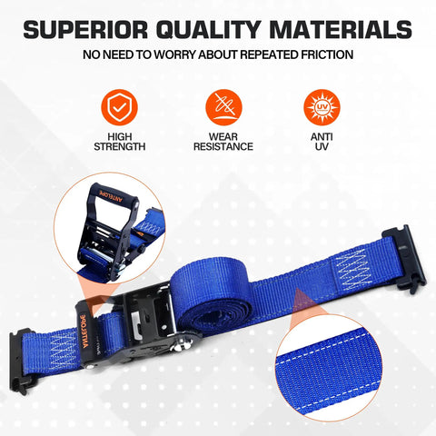 Beefy Heavy Duty Wheel Chock And Tie Down Kit With 4400Lb Break Strength Trailer Tire Straps for ATV UTV and Mower shown with blue strap material.