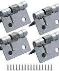 4 Pack Stainless Steel Spring Loaded Hinges for Cabinet Doors Featuring Rock Solid Auto Close Mechanism with Included Screws Rustproof Finish Heavy Duty Drop In Replacement Smooth Action Reliable Performance Pro Grade Hardware - close up view showing shiny finish and included screws.