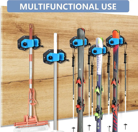 Hella Heavy Duty Abs Plastic Ski Wall Mount And Snowboard Rack For Garage Storage, keeping skis and poles organized on a wooden wall.