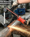 Top Shelf Heavy Duty Pipe And Tube Polisher With Fifty Sanding Belts 800W Variable Speed Motor polishing metal pipe with sparks.