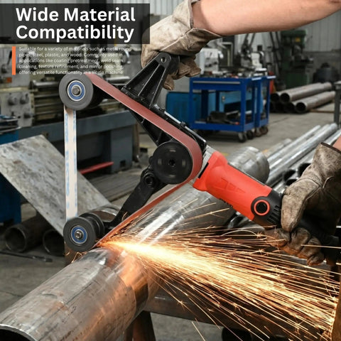 Top Shelf Heavy Duty Pipe And Tube Polisher With Fifty Sanding Belts 800W Variable Speed Motor polishing metal pipe with sparks.