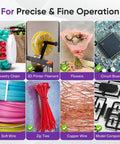 Collage of various items in craft projects: jewelry chain, 3D printer filament, flowers, circuit board, wires, zip ties, model components.