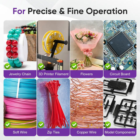 Collage of various items in craft projects: jewelry chain, 3D printer filament, flowers, circuit board, wires, zip ties, model components.