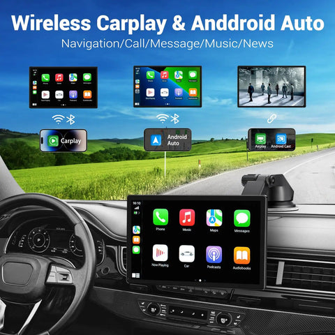 Wireless Apple CarPlay Car Stereo 9 Inch Dash Screen With Android Auto displayed in car interior showing apps