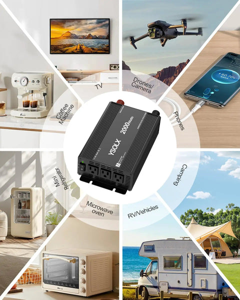 Tailgate Tested 2000W Power Inverter DC To AC Converter 12V To 110V With Three AC Outlets For RV Truck Camping And Home Emergency Backup Peaking At 4000W Watts Solid Build Keep Yo Gear Juiced On Long Haul Drives Heavy Duty Portable in use with various appliances.