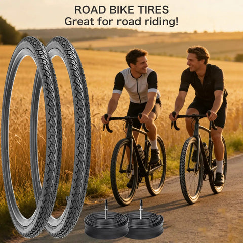 Two Pack 700x35C Foldable Road Bike Tires With Inner Tubes And Repair Kit in countryside setting with cyclists