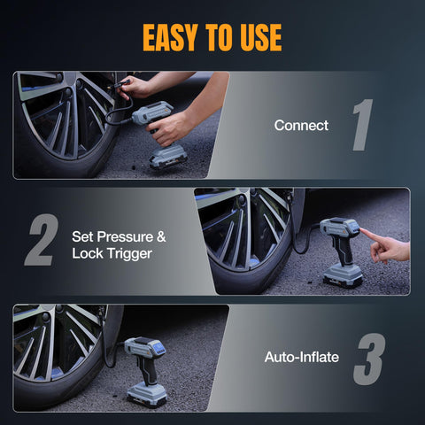Step-by-step use of Cordless Tire Inflator Portable Air Compressor With Digital Pressure Gauge 150 PSI Fast Inflation Rechargeable Battery 12V DC Power For Cars Motorcycles Bikes And Balls A Must Have Roadside Rescue Tool
