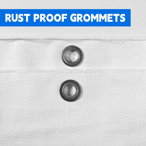 Detail of rust proof grommets on Heavy Duty 10X20 Ft White Tarp 12Mil Waterproof UV Resistant Multipurpose Sheet.