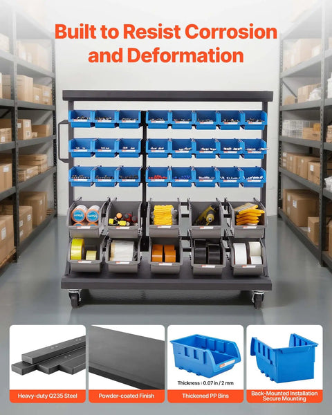 Straight Up Reliable Dual Sided Rolling Storage Rack With Sixty Eight Tough Plastic Parts Bins And Quick Label Slots, Slick Mobile Tool Caddy Featuring Heavy Duty Build And Smooth Locking Casters For Garage Workshop Setup