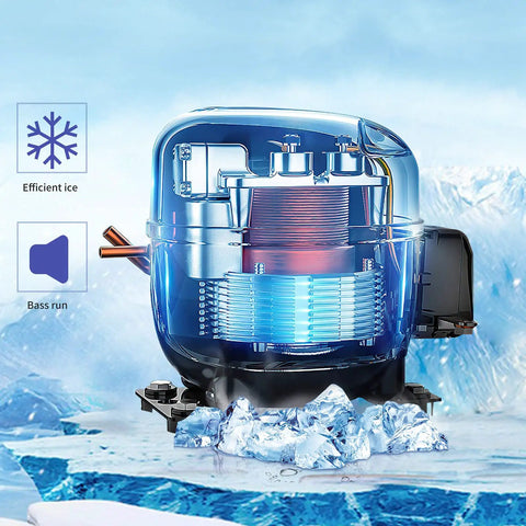 Supercharged Countertop Ice Maker With Built In Auto Clean That Whips Up 66 Pounds Daily Plus 32 Cubes Per Cycle close-up of steel cooling unit on ice.