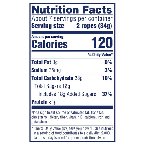 Nutrition facts for Ropes Candy Twisted Rainbow Punch Flavor Soft And Chewy 9 Oz Pack, Tart Filled Fruit Rope Snack