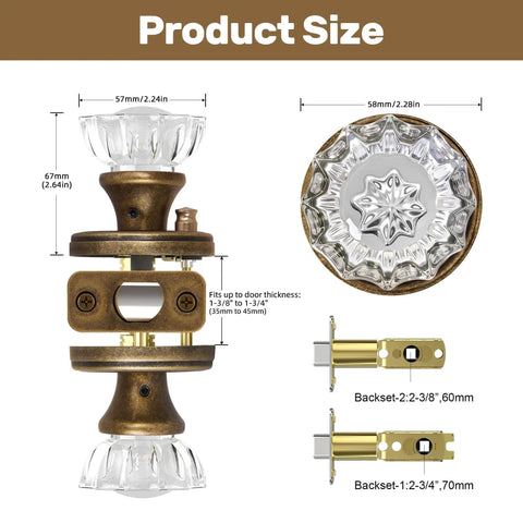 Antique Brass Crystal Door Knob Set For Interior Privacy Doors With Push Button Lock And Emergency Release, size details