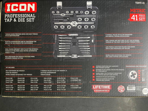 Pro Grade 41 Piece Tap And Die Set Tungsten Molybdenum Steel for auto fasteners shown in box with wrenches and parts