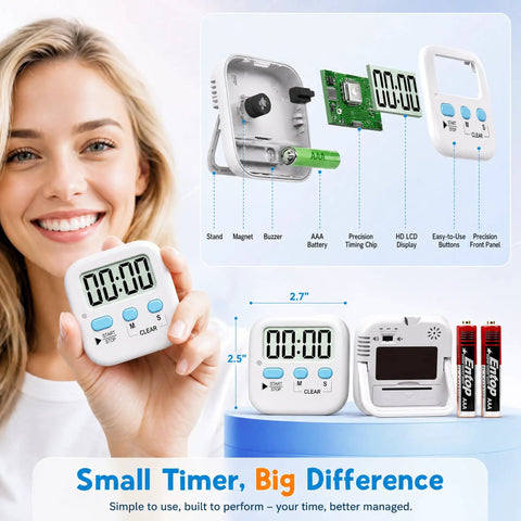 Top Shelf Two Pack Digital Timer With Built In Memory Dead Reliable For Kitchen Cooking Classroom Tasks And Quick Meal Prep Drop In And Play Design Comes Fully Loaded With Batteries Ready To Roll, shown with battery and display.