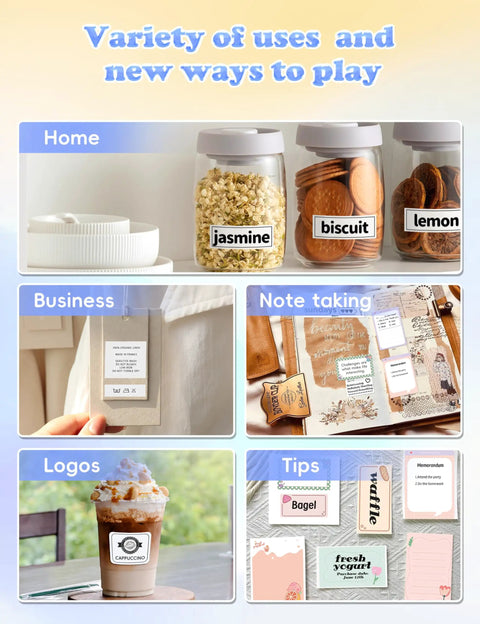 Hassle Free Bluetooth Label Maker With Straightforward Phone Sync And One Included Thermal Tape Roll Sweet For Quick Diy Crafting And Super Clean Home Tagging In Bright Yellow showing jars labeled for home and business use.