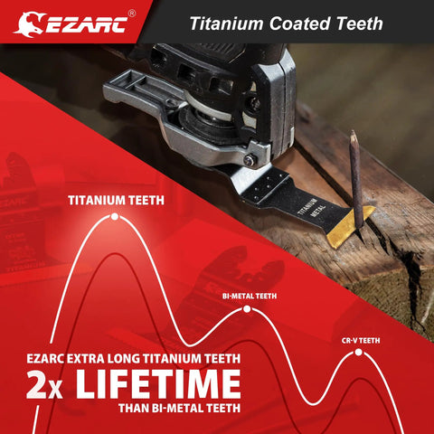 Close-up of Titanium Oscillating Saw Blades Kit Four Pack for metal wood cutting with graph showing titanium teeth longevity.
