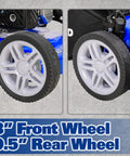 8 inch front wheel and 9.5 inch rear wheel close-up on Powerful 21 Inch Gas Powered Lawn Mower With 201cc Engine Three In One Deck Mulching Bagging And Side Discharge Easy Start And Adjustable Eight Position Cutting Height For Any Yard