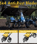 Close-up of Powerful 13.5 Amp Electric Tiller Cultivator with 6 steel tines in action, showing anti-rust blades and wheel settings.