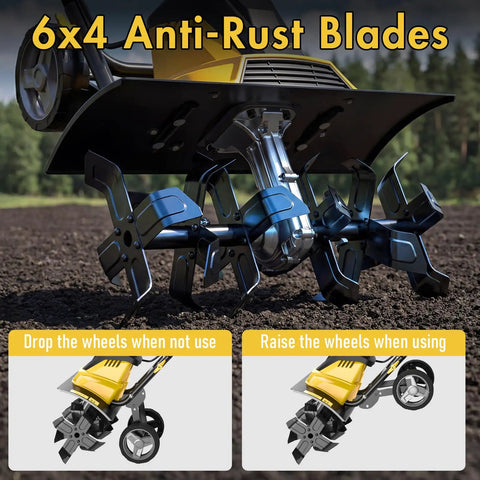 Close-up of Powerful 13.5 Amp Electric Tiller Cultivator with 6 steel tines in action, showing anti-rust blades and wheel settings.