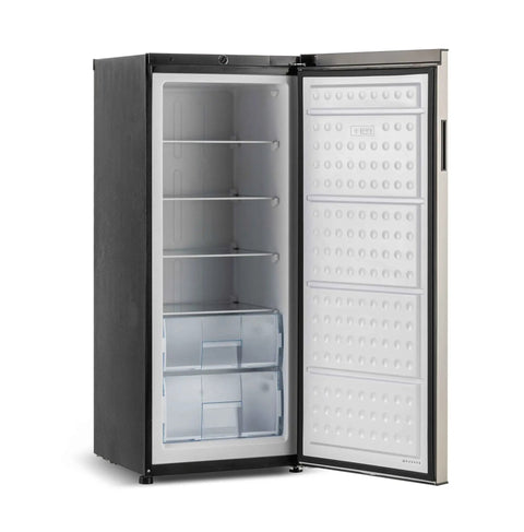 Interior view of 10 Cu Ft Upright Convertible Fridge Freezer With Reversible Door Removable Glass Shelves Adjustable Controls Platinum Finish