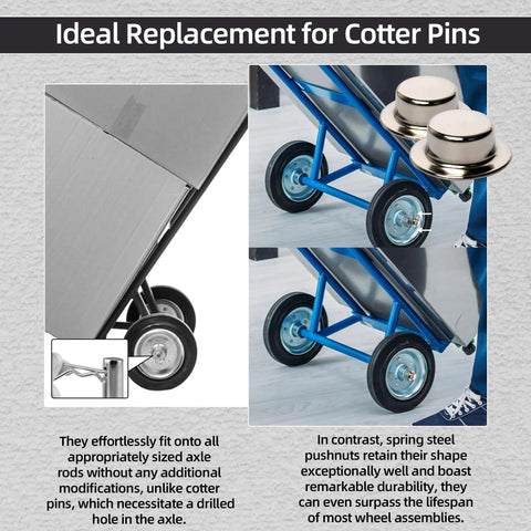 4 Pack 5/8 Push Nut Axle Caps Badass Heavy Duty Zinc Coated Steel Locking Clips To Dodge Loose Cotter Pins Tight Hammer Install For Hand Trucks And Rolling Carts, shown on a blue hand truck securing wheels.