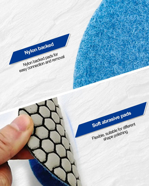 Close-up of nylon backing and soft abrasive surface on 4 Inch Dry Diamond Polishing Pads Set Grit 50 For Granite Marble Quartz Stone Flexible Sanding Pads For Countertops Tables And Backsplashes Built Tough 7 Piece Kit For Pros Or DIY