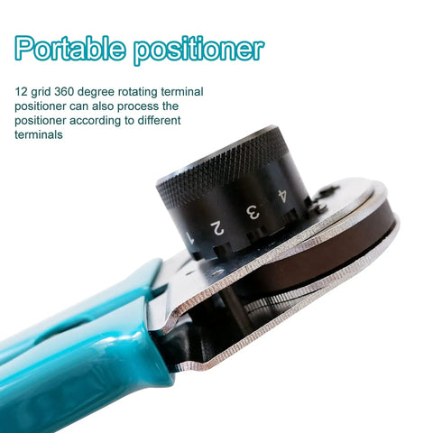 Close-up of the Closed Barrel Crimping Tool For Solid Contacts With 4-Way 8-Indent Crimpers DT Series, focus on rotating positioner.