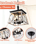 Rustic Farmhouse Pendant Light Fixture With Open Cage Design, Matte Black 4 Light Industrial Chandelier details