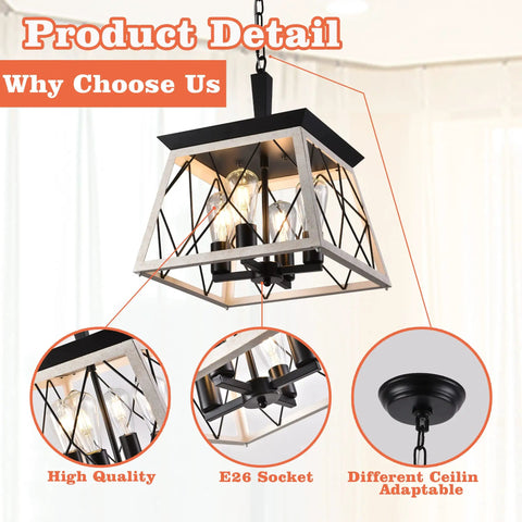 Rustic Farmhouse Pendant Light Fixture With Open Cage Design, Matte Black 4 Light Industrial Chandelier details