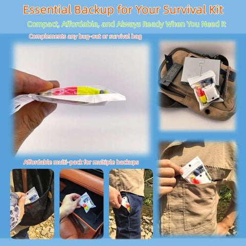 Grab And Go Ultra Compact Survival Fishing Kit in pocket, glove box, and backpack, showing portability for hiking and camping.